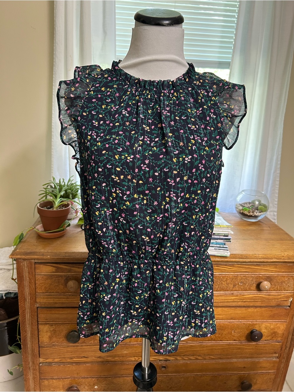 Banana R Floral Ruffle Sleeve Peplum Top - Black with Pink & Yellow Flowers